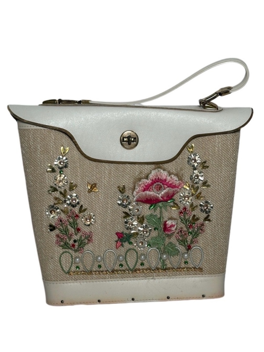 1960’s Floral Embroidered White Tan Plastic Gemstones Wood Shoulder Bag